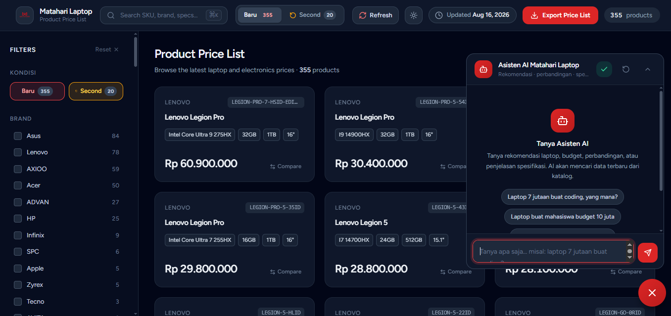 Screenshot Daftar Harga Produk berbasis AI